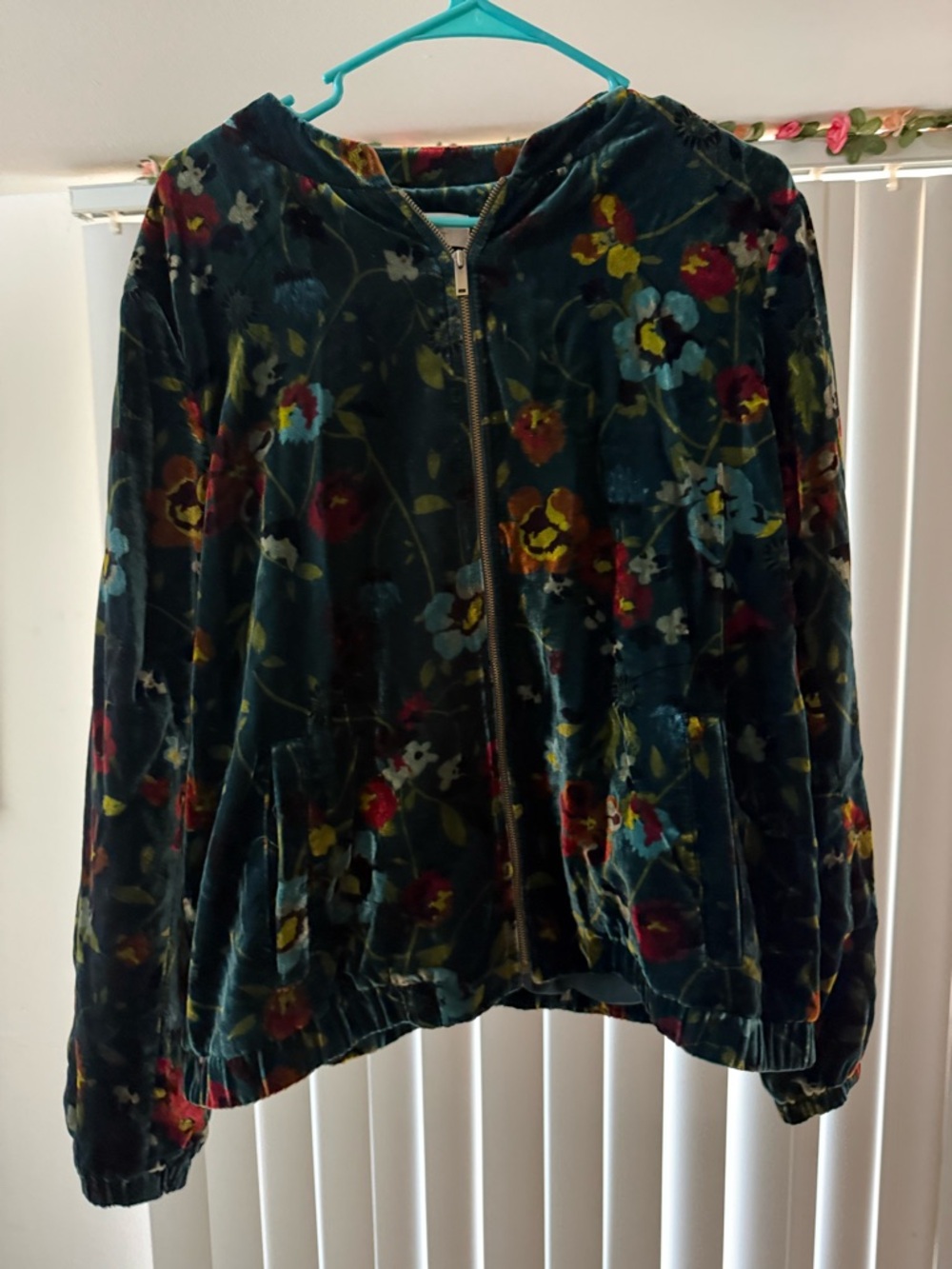 Velvet Floral Bomber Jacket LOFT Size XL Moody Botanical Vibes Zipper Jade Green